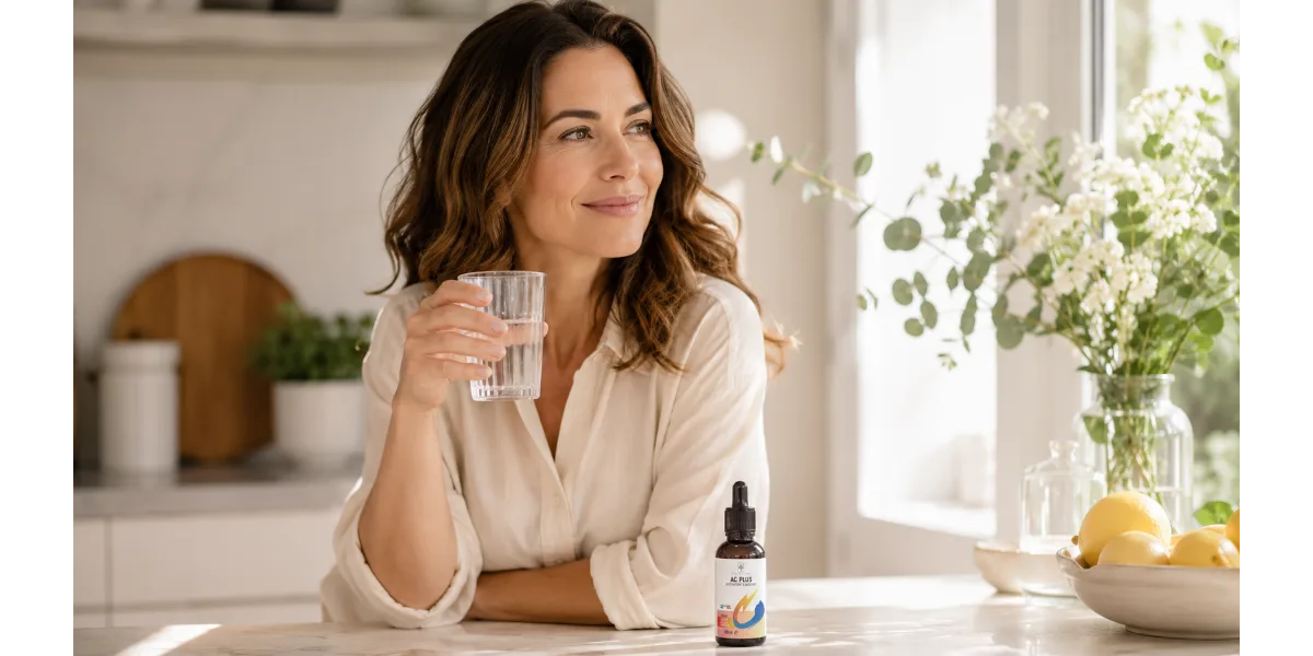 Donna nella routine quotidiana benessere con acqua e AC Plus Etna Wellness gocce