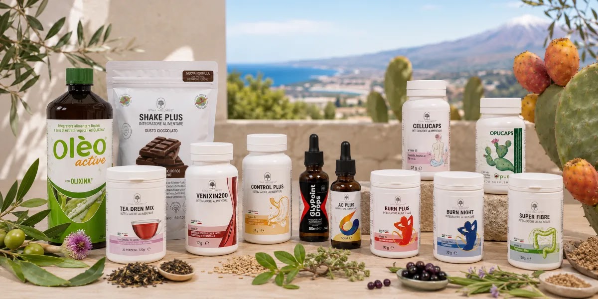Gamma di integratori naturali Etna Wellness per diverse esigenze quotidiane