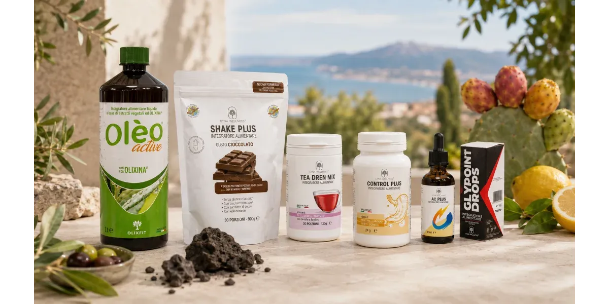 Integratori Etna Wellness con confezioni in ambientazione naturale ispirata alla Sicilia