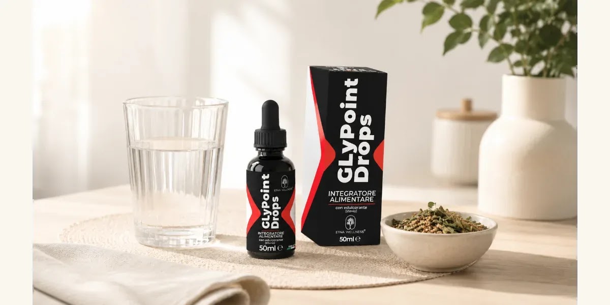 GlyPoint Drops Etna Wellness con bicchiere d'acqua per la routine prima dei pasti principali