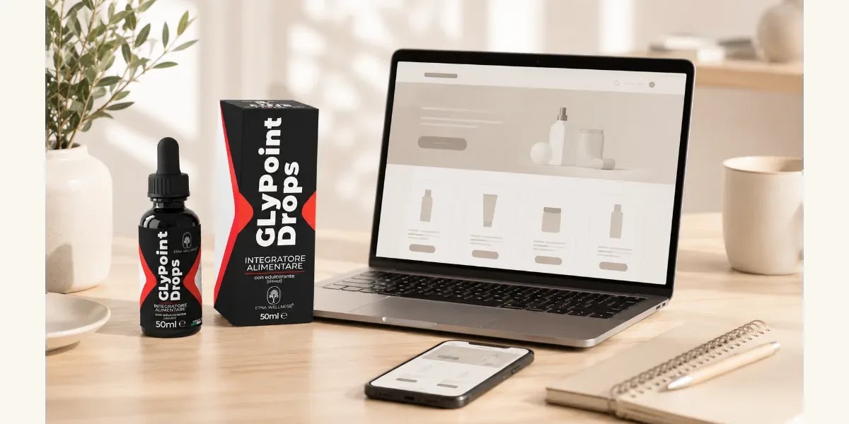 GlyPoint Drops Etna Wellness accanto a computer e smartphone per registrazione cliente e shop online