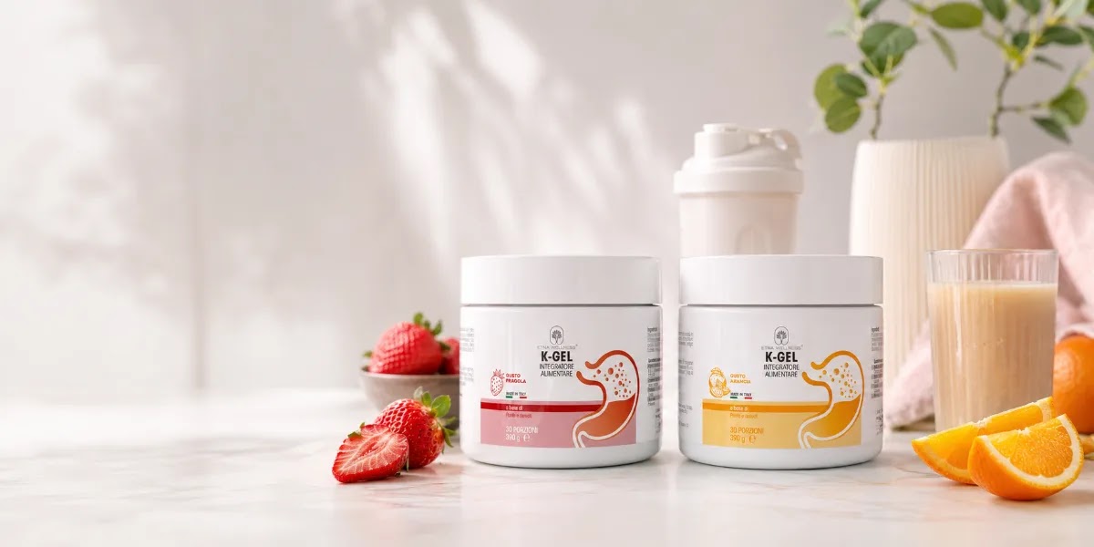 K-Gel Etna Wellness gusto Fragola e Arancia con psillio, bicchiere d'acqua e shaker