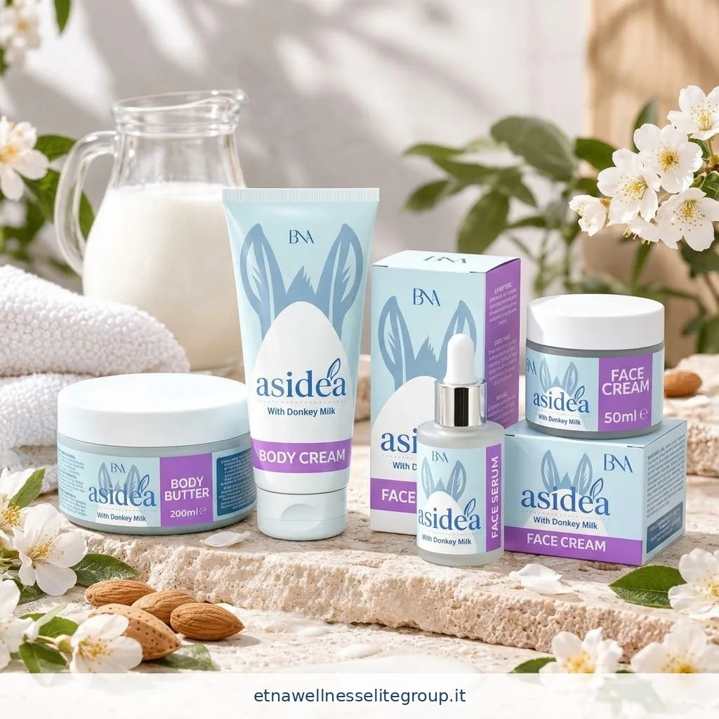 I quattro cosmetici Asidea Etna Wellness al latte d’asina: Body Butter, Body Cream, Face Serum e Face Cream